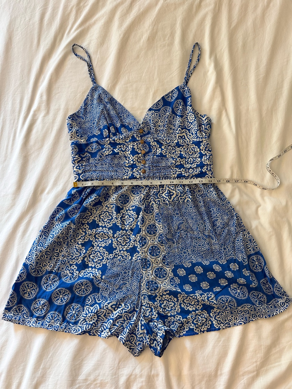 Zara Blue and White Patterned Romper Dress with Spaghetti Straps